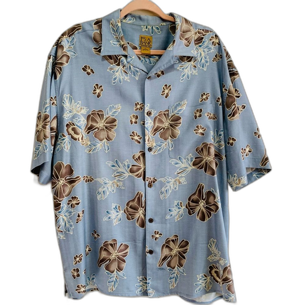 Jos. A. Bank Light Blue and Brown Hibiscus Floral Silk Shirt size xl